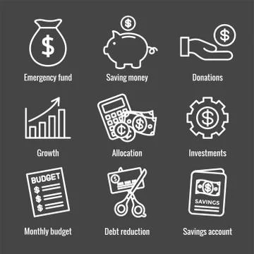 Personal Finance & Responsibility Icon Set with Money, Saving, & Banking opti Stock Illustration