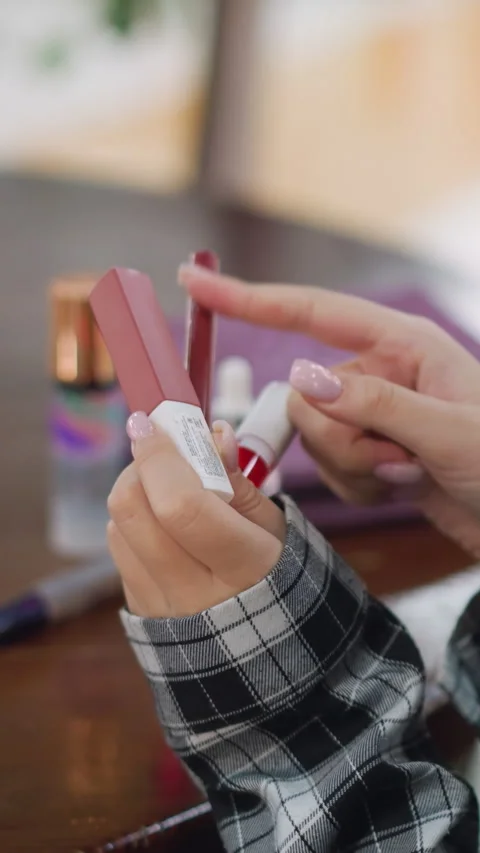 Personal grooming session emphasizing precise lipstick testing methods, An Stock Footage 326670829