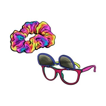 Personal items from 90s - sunglasses with removable lenses and scrunchie Stock Illustration