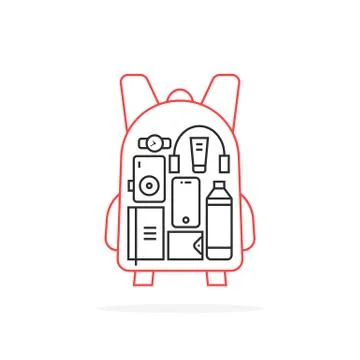Personal items inside thin line backpack Stock Illustration