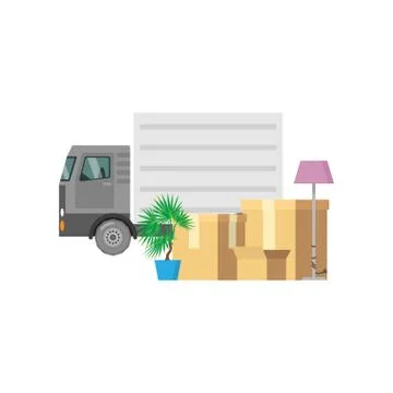 Personal items packed in relocation boxes with a truck in the background Stock Illustration