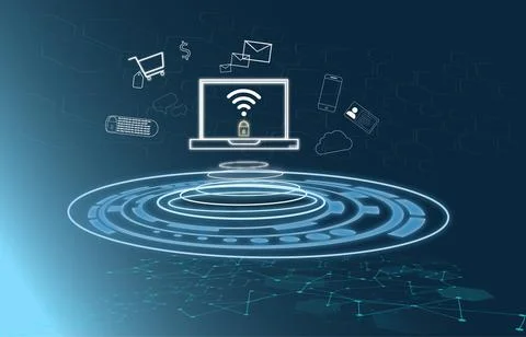 Personal or business cybersecurity interface with blue virtual screen with in Stock Illustration