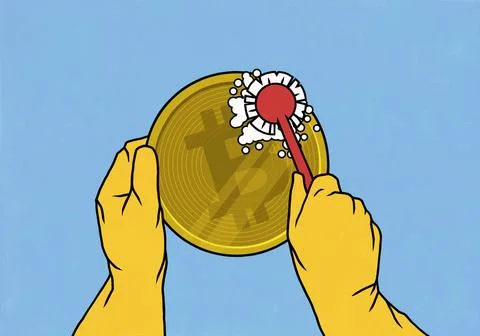 Personal perspective of gloved hands scrubbing Bitcoin with dish brush Stock Illustration