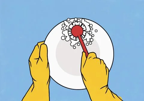 Personal perspective view from above of hands in rubber gloves doing dishes, Stock Illustration