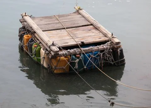 Personal pontoon ferry made from empty plastic containers. cheung chau. hong Stock Photos