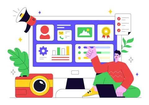 Personal Portfolio Vector Illustration with Profile Information, Resume, an.. Stock Illustration