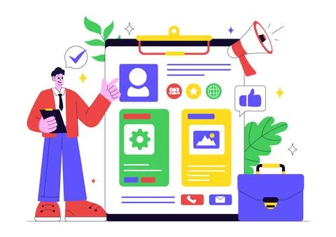 Personal Portfolio Vector Illustration with Profile Information, Resume, an.. Stock Illustration