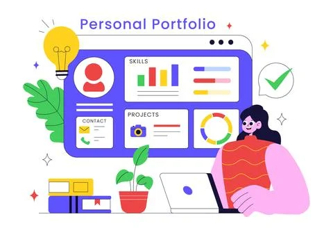 Personal Portfolio Vector Illustration with Profile Information, Resume, an.. Stock Illustration