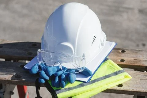 Personal protective equipment set including a white helmet protective eyewe.. Stock Photos