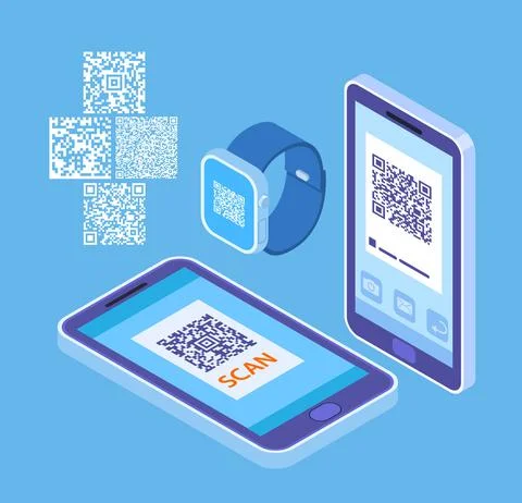 Personal QR code. Codes on smartphone and smartwatch. Isometric self digital Illustrazione stock
