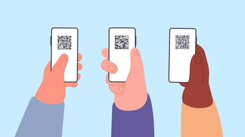 Personal qr identification. Hands holding phones with QR-codes on screen Stock Illustration