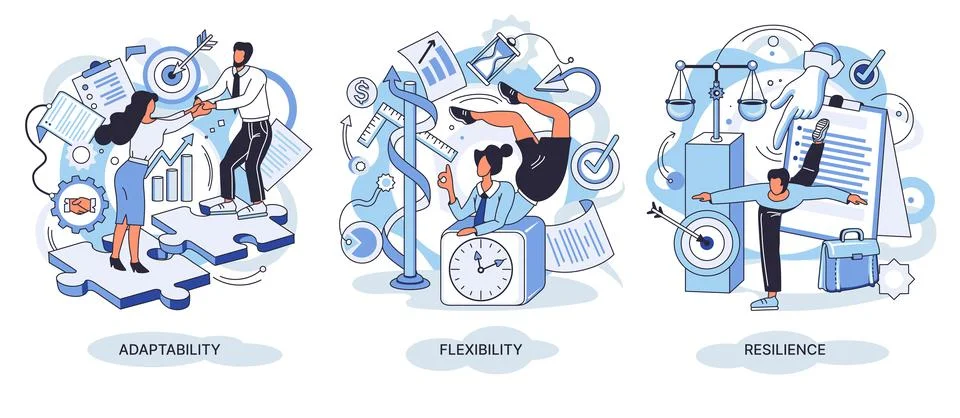 Personal quality concept vector illustrations set. Adaptability, flexibility and Stock Illustration
