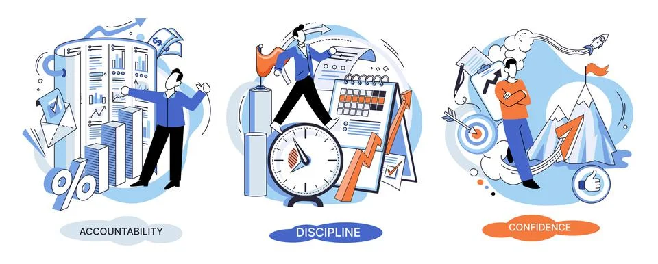 Personal quality concept vector illustrations set. Confidence, accountability Stock Illustration