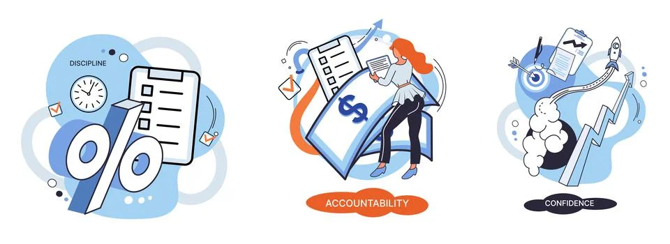 Personal quality concept vector illustrations set. Confidence, accountability Ilustración de archivo