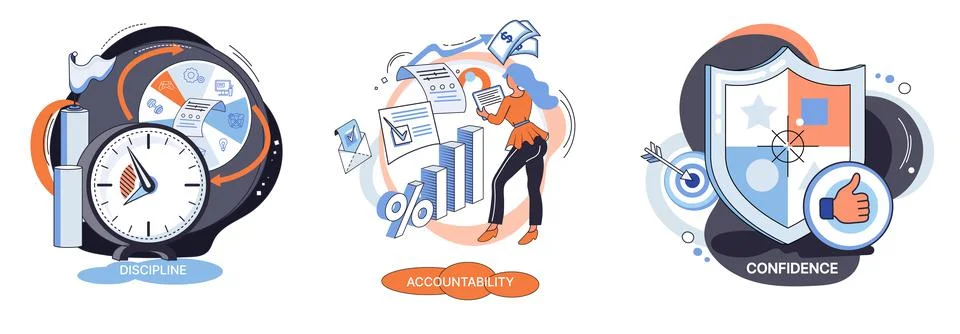 Personal quality concept vector illustrations set. Confidence, accountability Stock Illustration