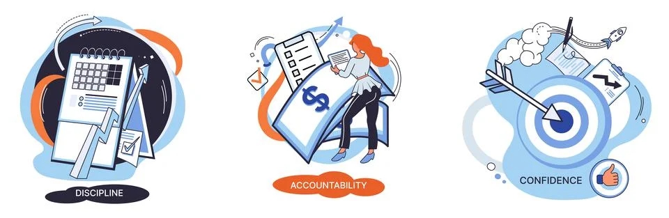 Personal quality concept vector illustrations set. Confidence, accountability Stock Illustration