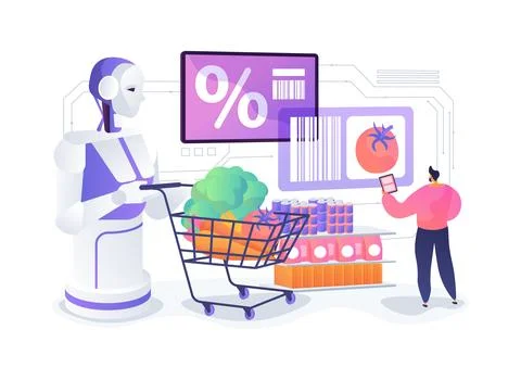 Personal Shopping Assistant Robot abstract concept vector illustration. Stock Illustration