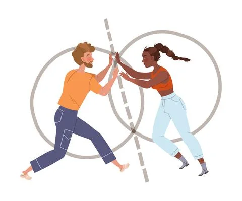 Personal space and boundaries concept. Couple in love trying to unite their Stock Illustration