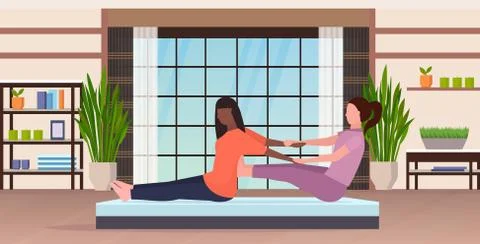 Personal trainer doing stretching exercises with african american girl fitness Illustrazione stock