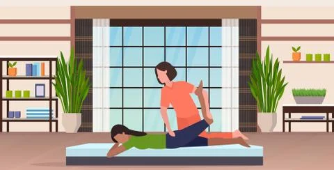 Personal trainer doing stretching exercises with african american girl fitness Illustrazione stock