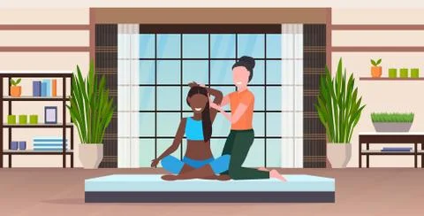 Personal trainer doing stretching exercises with african american girl fitness Illustrazione stock