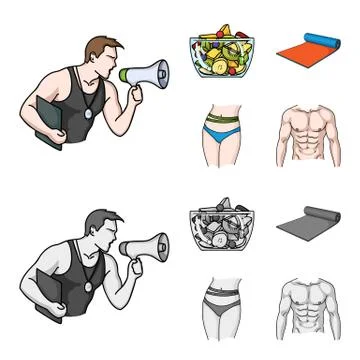 Personal trainer, fruit salad, mat, female waist. Fitnes set collection icons in Stock Illustration
