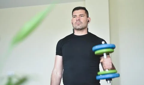 Personal trainer men using a pc for a lesson at home 스톡 사진