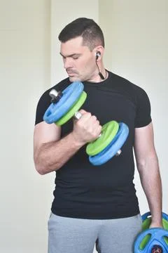 Personal trainer men using a pc for a lesson at home 스톡 사진