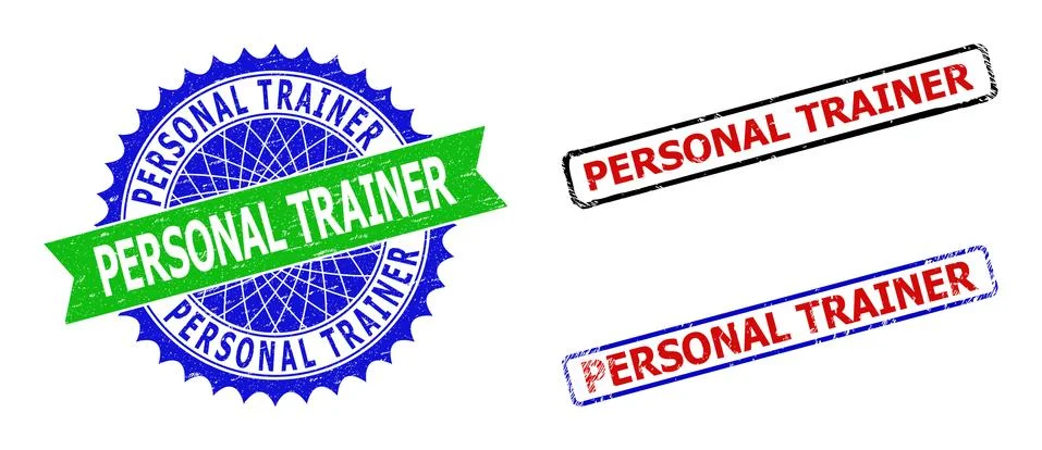 PERSONAL TRAINER Rosette and Rectangle Bicolor Stamps with Grunge Surfaces Stock Illustration