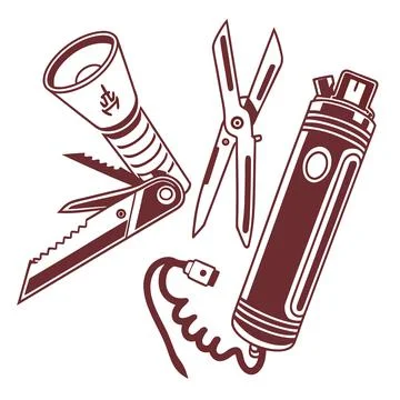 Personal Utility Items Vector Icons with Torch Lighter and Multi-tool Stock Illustration