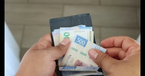 Personal view of man opening his wallet and counting bills of different den.. Stock Footage 275370355