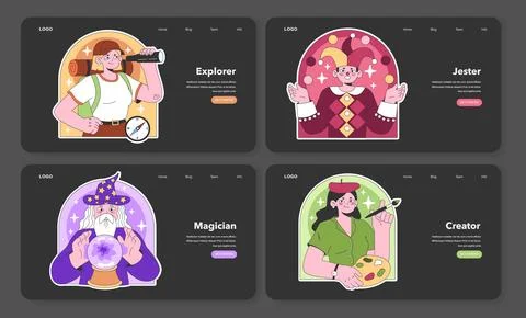 Personality psychological archetypes set. Twelve characters characteristics. Stock Illustration