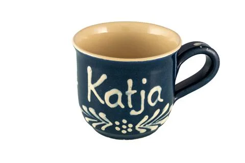 Personalized Ceramic Coffee Mug With Name Katja  Blue Handmade Pottery Cup .. Stock Photos