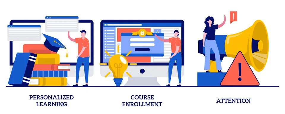 Personalized learning, course enrollment, attention concept with tiny peopl.. Stock Illustration