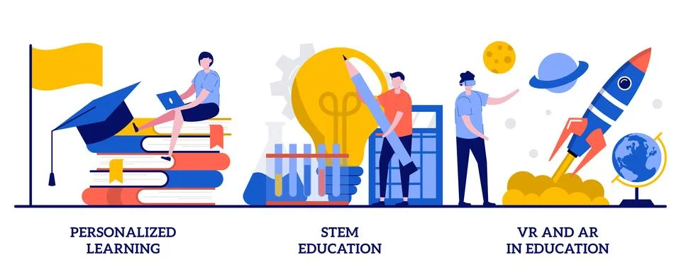 Personalized learning, stem education, VR and AR in education concept with .. Illustrazione stock