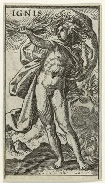 Personification of fire, one of the four elements, as a naked young man wi... Foto stock