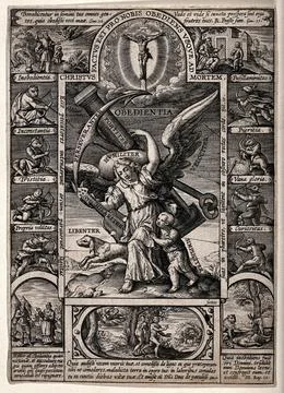 A personification of Obedience with her attributes is attacked from the sid.. Stock Illustration