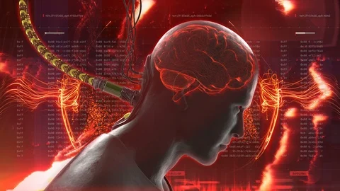 Person's brain plugged into system. Illusion of choice, global control, puppet Stock Footage 99836178