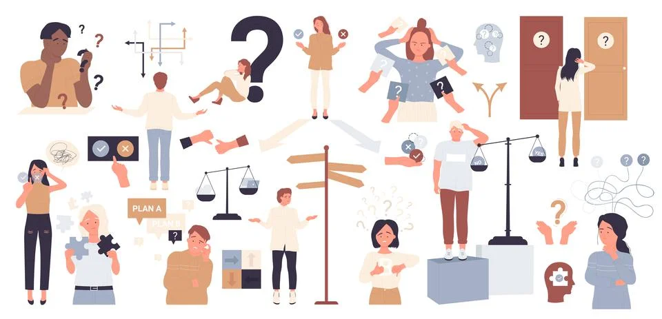 Persons with difficult choice set, worried people choose right way, balance or Stockillustratie