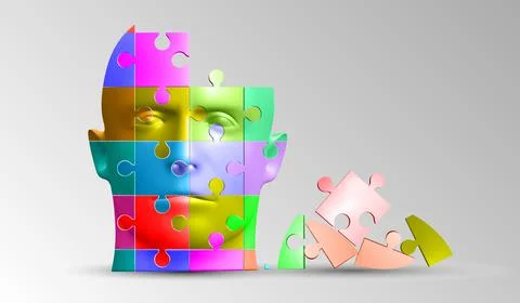 A person's face consists of a multi-colored puzzle. Vector illustration of a Illustrazione stock
