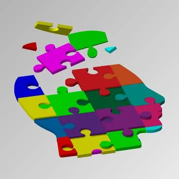 A person's face consists of a multi-colored puzzle. illustration of a logical Stock Illustration
