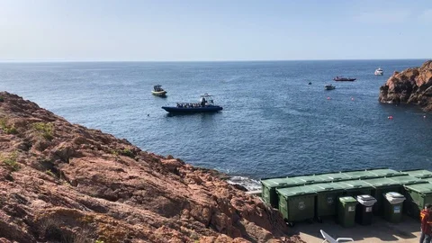 Persons Ferry maneuvers in small Harbour of the Berlenga Island on the Atlantic Video stock 120293740