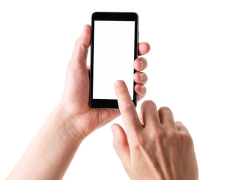 Persons finger points to the mobile phone screen on a white. Isolated Stock Photos
