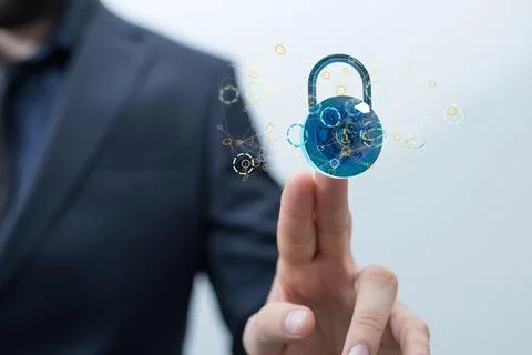 Person's finger touching a 3D rendered security concept with floating padlock an Stockfoto's