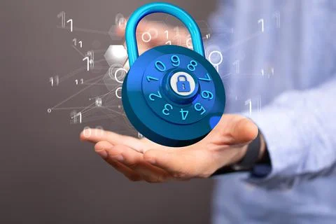 Person's finger touching a 3D rendered security concept with floating padlock an Foto stock