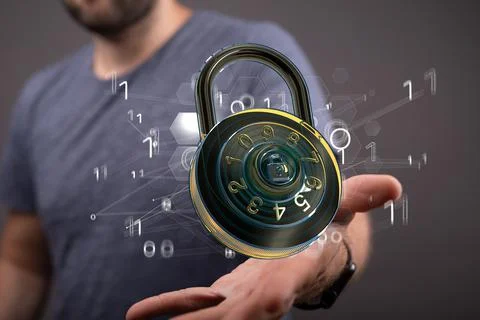 Person's finger touching a 3D rendered security concept with floating padlock an Stock Photos