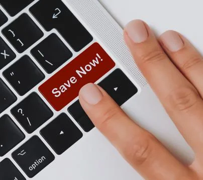 Person's fingers about to press "Save Now!" key on a black laptop keyboard イラスト素材