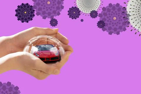 Person's hand holding a 3D-rendered red car in a safety bubble on a purple backg 스톡 일러스트