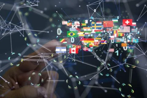 Person's hand pointing at the hovering countries' flags with binary numbers. Stock Photos