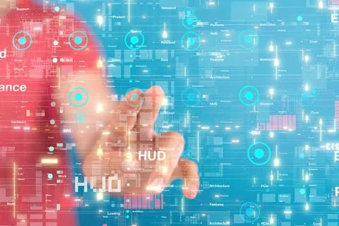 Person's hand presented, displaying a screen with colorful coding and programmin Stock Photos